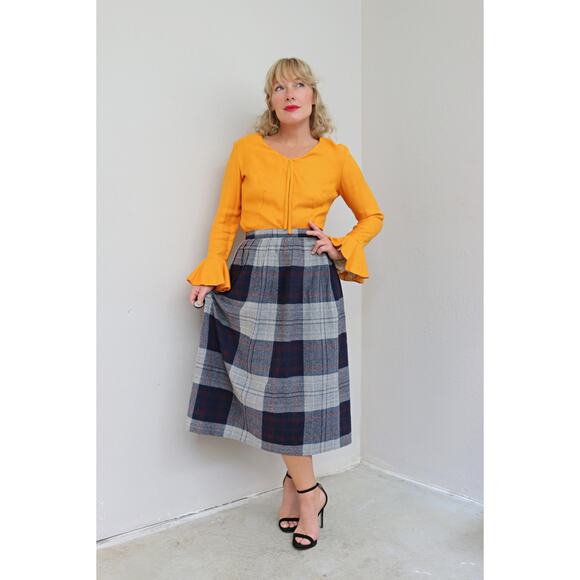 1970's Vintage Plaid Midi Fall Wool Skirt ~ Women's XS SM ~ 26" to 27" Waist 70s - Picture 7 of 9